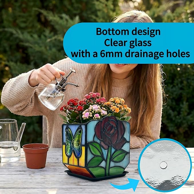 Tiffany Style Stained Glass Rose Planter,Vintage Floral Glass Planter, Candlestick Holder,Unique Home Decor Gift for Women, for Butterfly Enthusiasts, Mother's Day