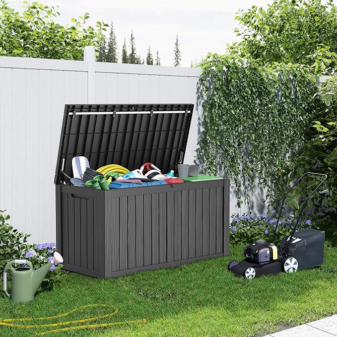PatioZen 150 Gallon Resin Deck Box, Lockable Patio Outdoor Storage Box for Furniture, Garden Tools and Tools Storage, Waterproof Outside Storage Boxes - Black