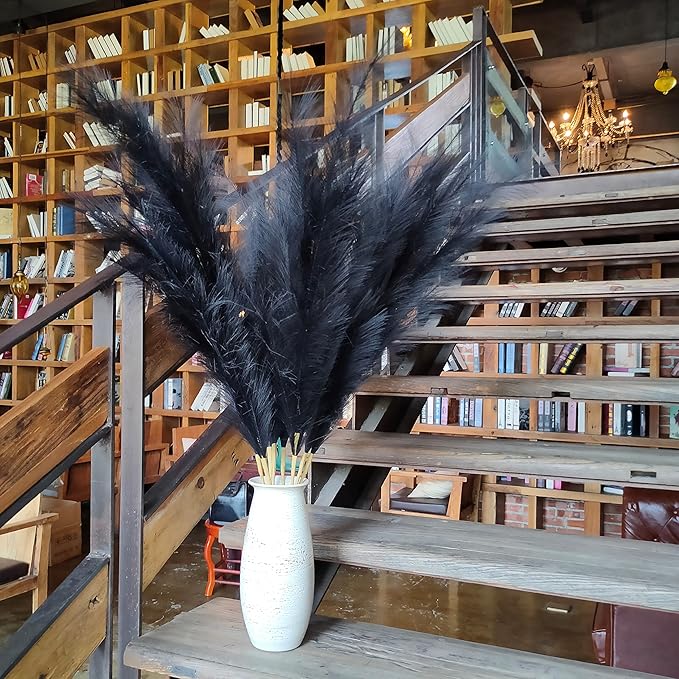 Premium Faux Black Pampas Grass Decor 8pcs 43.3″ – Jet Black Tall Dramatic Feather Flowers, No Assembly 18-Branch One-Piece Stems for Modern Gothic Wedding & Luxe Home Decor, Floor Vase Statement