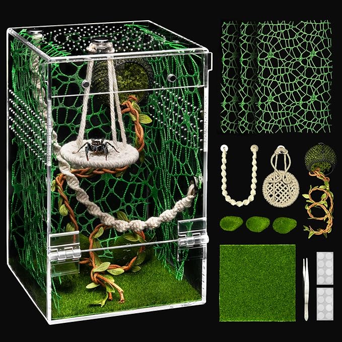 AZV Large Jumping Spider Enclosure Kit,Escape Proof Praying Mantis Habitat,Magnetic Door Arboreal Tarantula Spider Box,Complete Transparent Acrylic Beetle Terrarium,Insect Cage Bug Starter Container