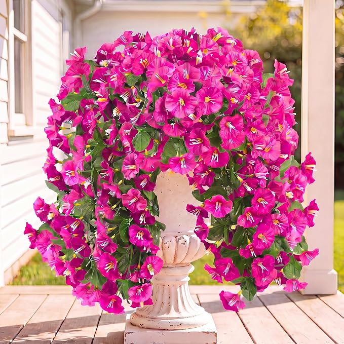 Sggvecsy Artificial Fake Hanging Flowers Plants for Outdoor Outside Spring Summer Decoration 2PCS Faux Silk UV Resistant Realistic Morning Glory Trailing Vines for Home Porch Patio Balcony(Purple red)