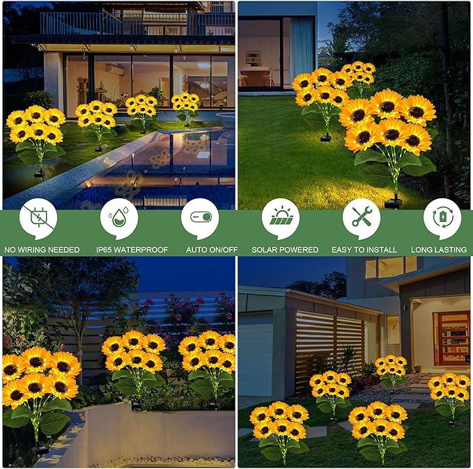 EDOF 2 Pack with 12 Sunflower Solar Lights Outdoor Garden Decor,Solar Flowers Lights Waterproof,Sunflowers Gifts for Mom Women Grandma Birthday,Decorative Stakes Lights for Landscape Yard Patio Lawn