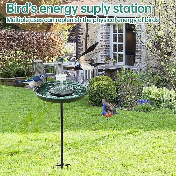 Yiabivo Solar Powered Bird Bath with Fountains for Hummingbirds,Stable Stylish Design with 5-Prong Base Stake Plastic Bird Bath for Outside Lawn Patio Yard Garden
