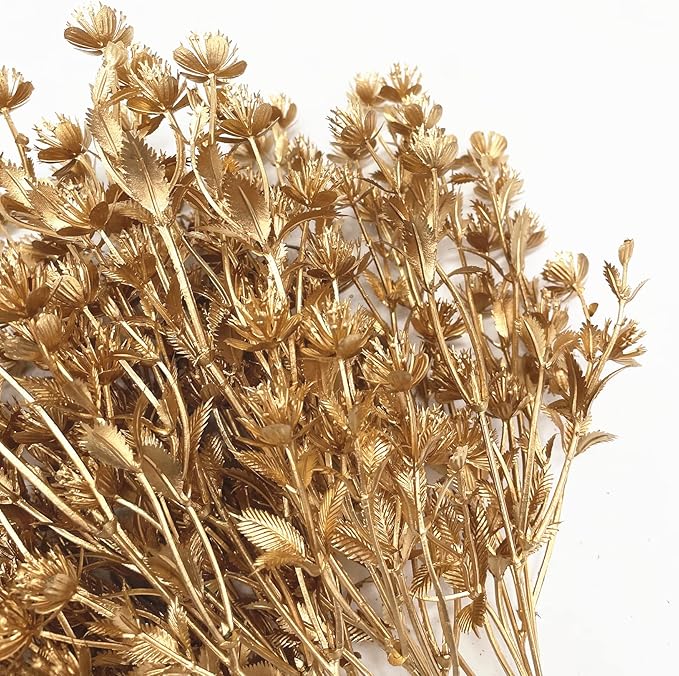 Artificial Golden Baby Breath Flowers, Plastic Fake Gypsophila Flower for Indoor Outdoor Christmas Wedding Home Party Table Arrangement Decoration DIY Planter Filler Gold Leaves Decoration - 3 Pack