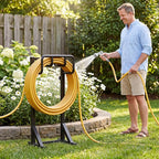 Garden Hose Holder Stand, Freestanding Heavy Duty Metal Hose Holder with Stable Base and Tool Hooks, Rustproof Water Hose Storage Rack for Outside Yard Lawn