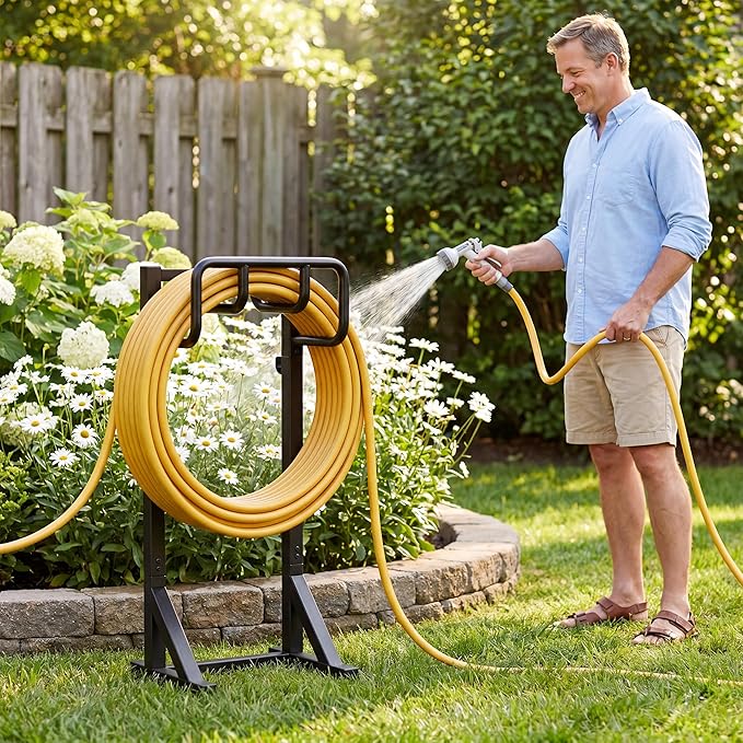 Garden Hose Holder Stand, Freestanding Heavy Duty Metal Hose Holder with Stable Base and Tool Hooks, Rustproof Water Hose Storage Rack for Outside Yard Lawn
