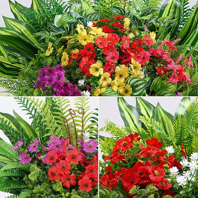 Alupssuc 24 Pcs Artificial Plants Flowers for Outdoors, Realistic Faux UV Resistant Greenery & Silk Flowers,Fake Plastic Shrubs Stems No Fade for Indoor Outside Garden Patio Spring Planter Home Decor