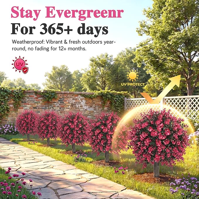 PATIO CHOICE Topiary Trees Artificial Outdoor Boxwood Ball Trees with Ground Spike Set of 2 22" Fake Outdoor Plants Faux Bushes and Shrubs Decorations for Outdoor Indoor Front Porch Garden