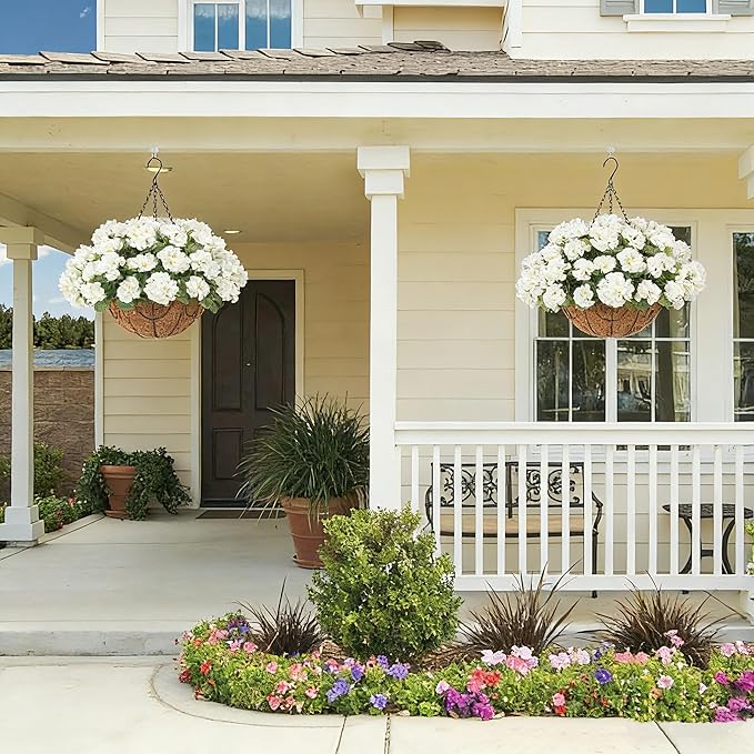 INSPRING Geraniums Artificial Flowers Hanging Basket for Outdoors Outside Spring Decoration, 8 Bundles Silk Flowers Fake Plants Look Real UV Resistant for Porch Home Patio Balcony Yard, White
