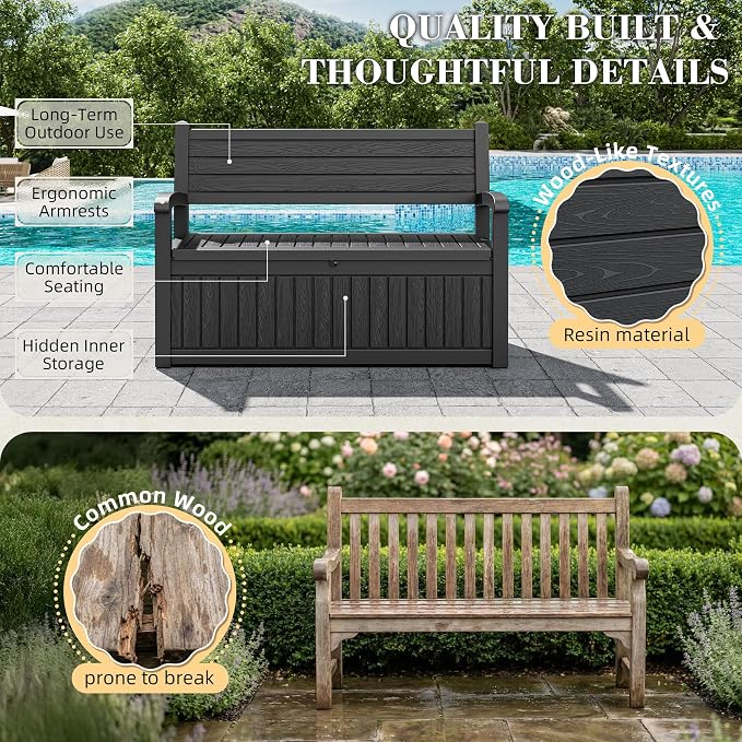 80 Gallon Outdoor Storage Box Waterproof, Storage Outdoor Porch Bench Doubles as 2-Person Bench Seat, Resin Stripes Deck Box for Cushions, Garden Tools and Pool Supplies Black