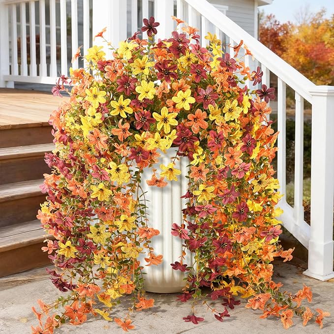 Artificial Fake Hanging Flowers Plants for Outdoor Fall Decoration,2PCS Faux Silk Daisy with Eucalyptus Leaves,UV Resistant Look Real for Outside Home Indoor Planter Porch Patio Yard Autumn Decor