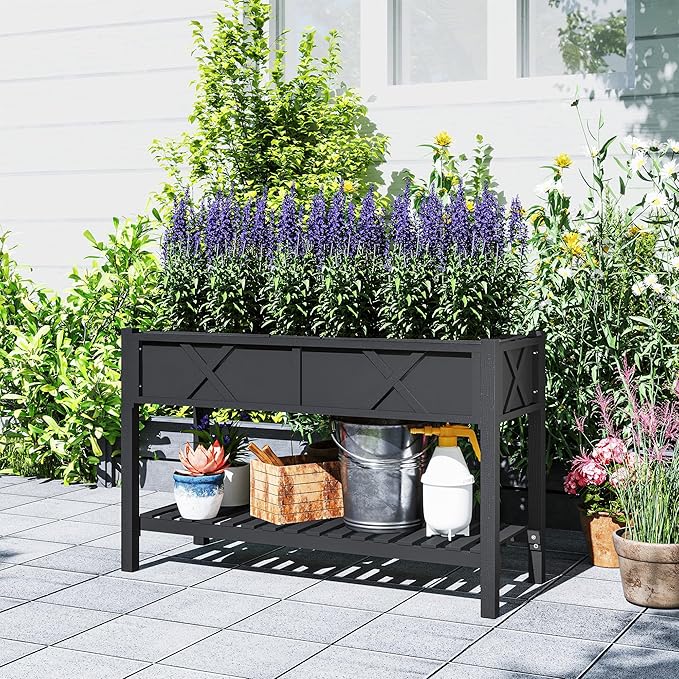 Outsunny Raised Garden Bed, Elevated Wood Planter Box with Storage Shelf, Drainage Holes and Liner for Backyard, Patio, Balcony, 47 x 22 x 31.5 in, Black