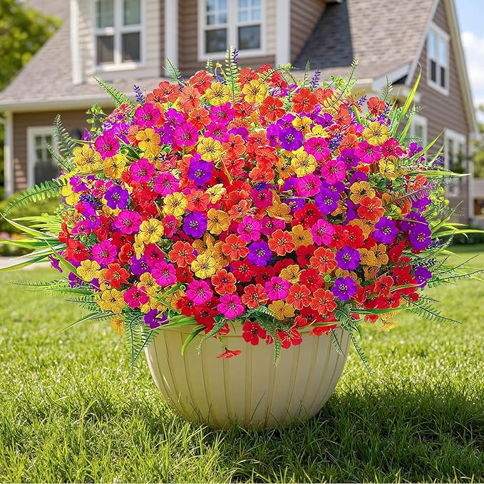Alupssuc 48 Bundles Artificial Flowers for Outdoors Planters Spring Decoration, UV Resistant Faux Eucalyptus Violet and Lavender Silk Fake Plants for Outside Indoor Decor, Mix 5 Colors