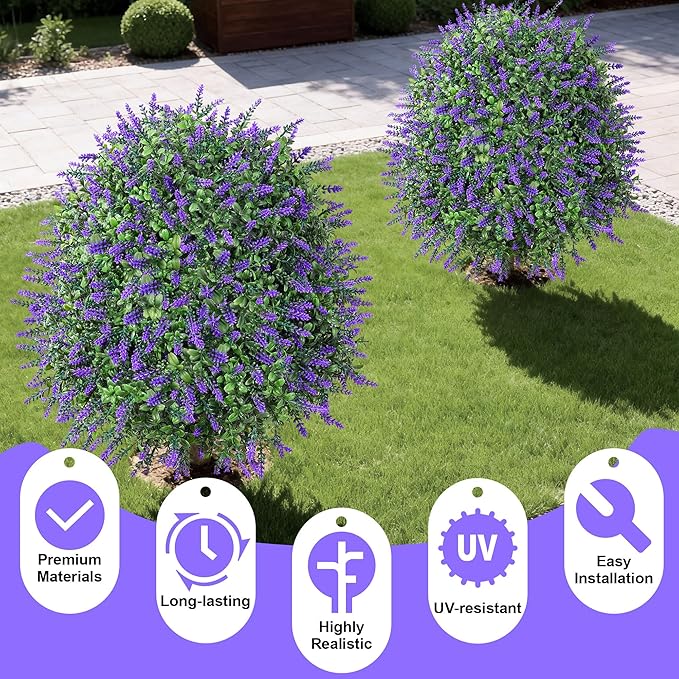 26'' Artificial Boxwood Topiary Trees with Lavender Flowers 2 Pack Fake Plants for Outdoor Indoor Artificial Shrubs with Metal Ground Spike UV Resistant Fake Bushes for Front Porch Garden, White