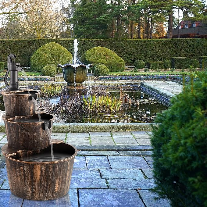 YI 40-Inch 3 Tier Barrel Waterfall Fountain Outdoor Water Fountains Barrel Wood 3-Tier Freestanding Rustic Pump for Garden Patio Backyard Porc
