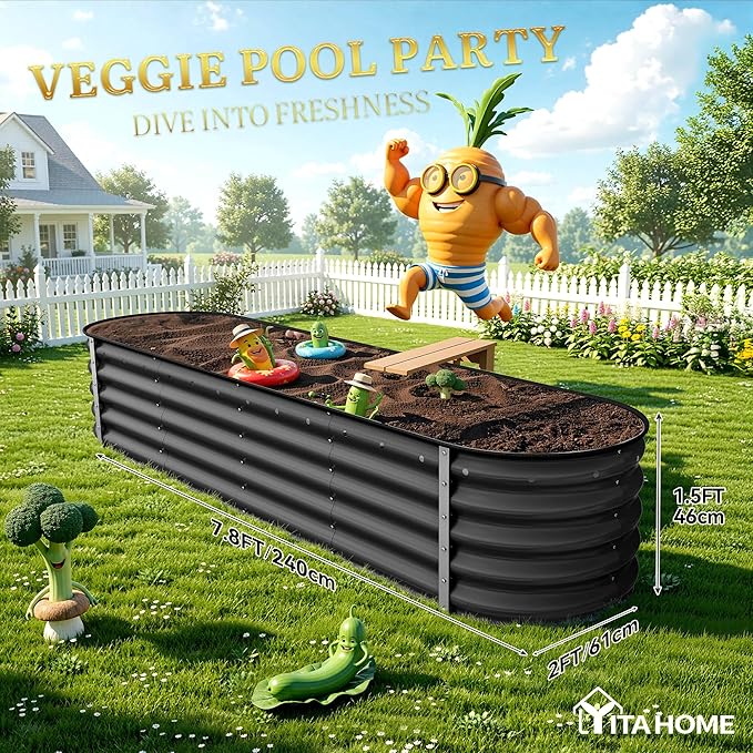 YITAHOME 8x2x1.5ft Large Raised Garden Bed Kit, 17" Tall 9 in 1 Galvanized Metal Planter Box with Gloves & Safety, Outdoor Above Ground Planters for Plants Vegetables Flowers, Black