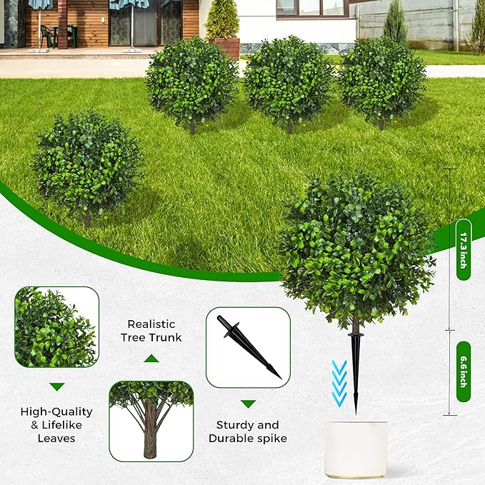 21.6 Inch Artificial Boxwood Topiary Bushes, Set of 4 Fake Shrubs, UV Resistant Plants Faux Topiary Ball Tree for Outdoor Garden Patio Front Porch & Indoor Decor