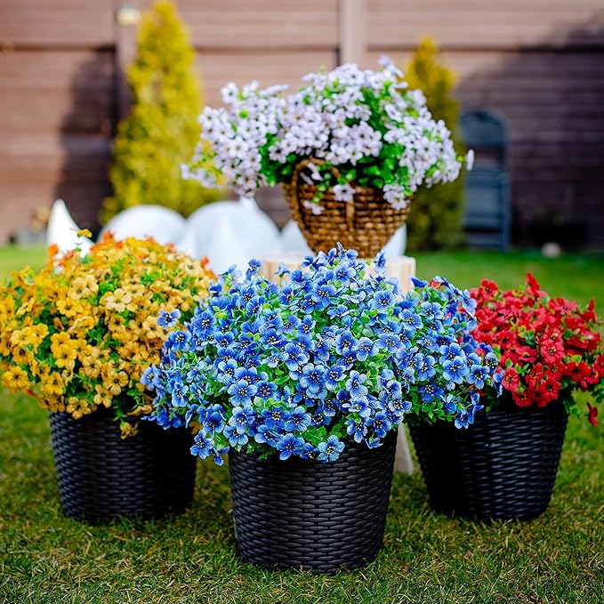 AXYLEX Artificial Flowers for Outdoors Fake Plants - 16 Bundles Faux Outside Greenery Boxwood No Fade Plastic Shrubs Fall Decor Farmhouse Home Garden (Blue)
