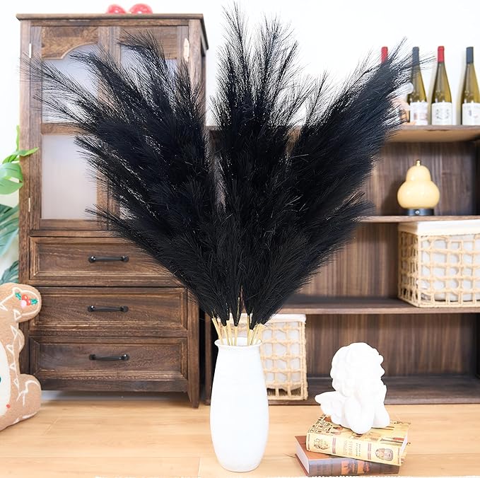 Premium Faux Black Pampas Grass Decor 8pcs 43.3″ – Jet Black Tall Dramatic Feather Flowers, No Assembly 18-Branch One-Piece Stems for Modern Gothic Wedding & Luxe Home Decor, Floor Vase Statement