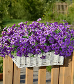 Artificial Flowers for Outdoors Fake Plants Outside Decoration, 20 Bundles Purple Silk Petunia with Eucalyptus UV Resistant Realistic Faux Flowers for Outdoor Planters Garden Balcony Yard Porch Patio