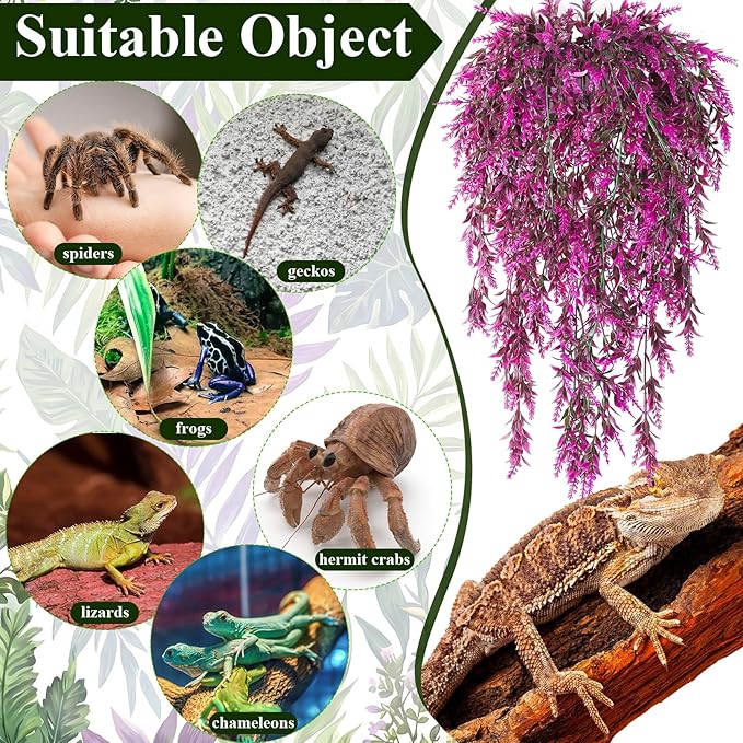 Suncalla Reptile Plants Terrarium Hanging Plants Vines Boston Climbing Terrarium Plant with Suction Cup for Bearded Dragons Lizards Crested Gecko Snake Crab Tank(Bright Series,5 Colors)