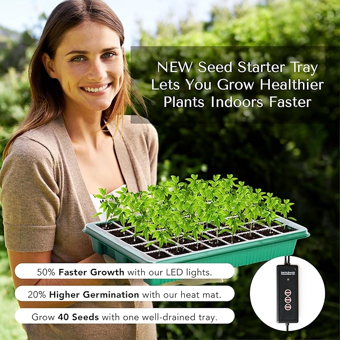 Seed Starter Kit with Grow Lights & Heat Mat – 40-Cell Seed Starter Tray, Humidity Dome, Soil Moisture Meter & Sticky Gnat Traps – Indoor Greenhouse & Plant Propagation Station