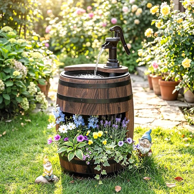 Outsunny 23" H Outdoor Water Fountain Wood and Plastic Rustic Apple Barrel Pump Garden Decor for Outside Backyard