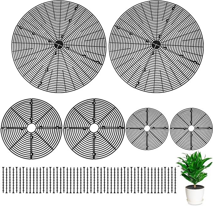 Newtay 6 Pcs Plant Pot Grid Soil Protector Covers Cuttable Flower Protector from Animals Cat Digging Stopper Plant Pot Cover with Stakes for Indoor Outdoor Gardening (20.5 +11.8+7.5 Inch,Black)