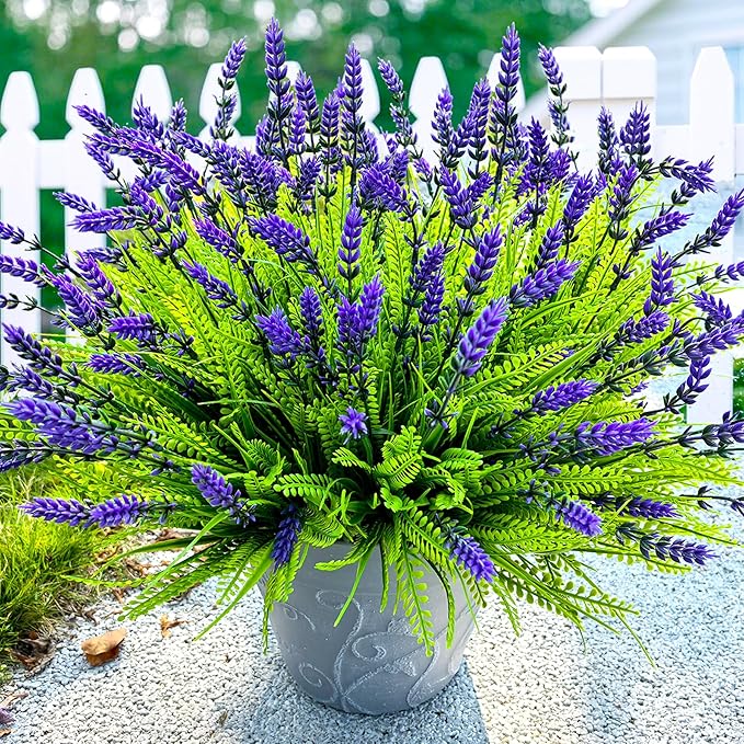 17.8" Tall Artificial Faux Plants Flowers for Outdoor Decorations, UV Resistant Fake Lavender Flowers Realistic Fake Plants Monkey Grass for Porch Garden Patio Window Box Courtyard