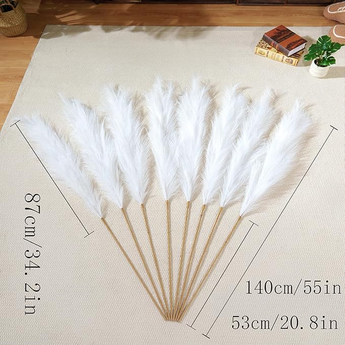 Premium Faux White Pampas Grass – 55" Tall Ultra-Fluffy Extra Full Decor, 8pcs 24-Branch One-Piece Stems No Assembly, Luxury Silk-Feel Feather Flowers for Wedding Boho Modern Decor (140cm)