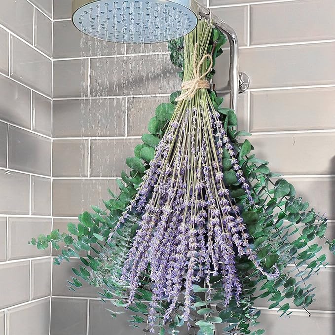 70PCS Preserved Eucalyptus Stems & Dried Lavender Bundles for Shower, 17'' Natural Real Live Eucalyptu Leaves Greenery Hanging Lavender Flowers Shower Plant, Fragrance, Vase Decor