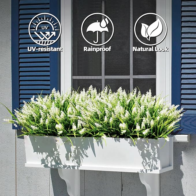 UV Resistant Faux Outdoor Plant, Fake Monkey Grass with Flowers, 12 Bundles Outdoor Artificial Plants Porch Decoration for Planter, Realistic Greenery with Flexible Stems for Patio Garden Pathway