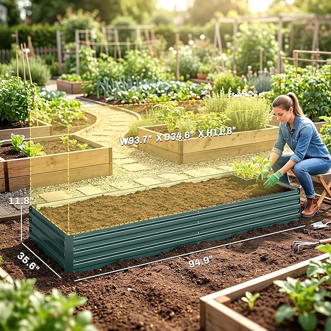 Outsunny Galvanized Raised Garden Bed, 8' x 3' x 1' Metal Planter Box, for Growing Vegetables, Flowers, Herbs, Succulents, Green