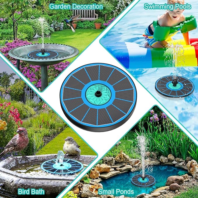 Solar Fountain Cyan Flower, Upgrade 3.5W Solar Bird Bath Fountains, Solar Powered Water Fountain with 7 Nozzles, 4 Fixed Pipes for Hummingbirds, Bird Bath, Garden, Pool, and Pond