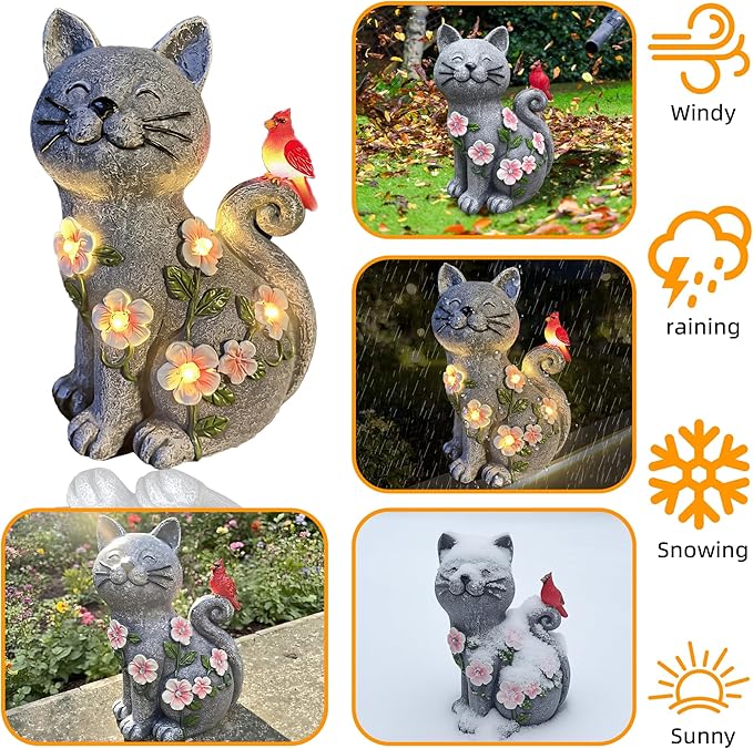 Solar Cat Garden Statue with LED Lights, Waterproof Resin Cat Figurine with Red Bird, Outdoor Decor for Patio, Lawn, Yard, Balcony, – Gift for Mom, Grandma & Cat Lovers