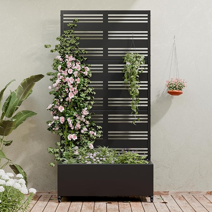 Casaphoria Metal Raised Garden Bed with Trellis and Wheels, 72"x35"x16" Planter Box for Climbing Plants, Vegetables & Vines, Features Drainage Holes and Privacy Screen (Black-Harold)