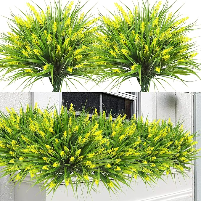 Sggvecsy 24 Bundles Artificial Plants Outdoor Faux Lavender Flowers Fake Monkey Grass UV Resistant Plastic Greenery Plants for Garden Home Porch Window Patio Hanging Planter Indoor Decor (Yellow)