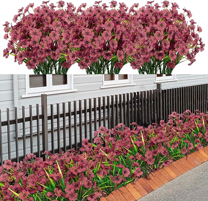 21 Bundles Artificial Outdoor UV Resistant Flowers No Fade Fake Outside Flowers Plastic Greenery Faux Shrubs Garden Porch Window Box Home Decoration (Wine Red)