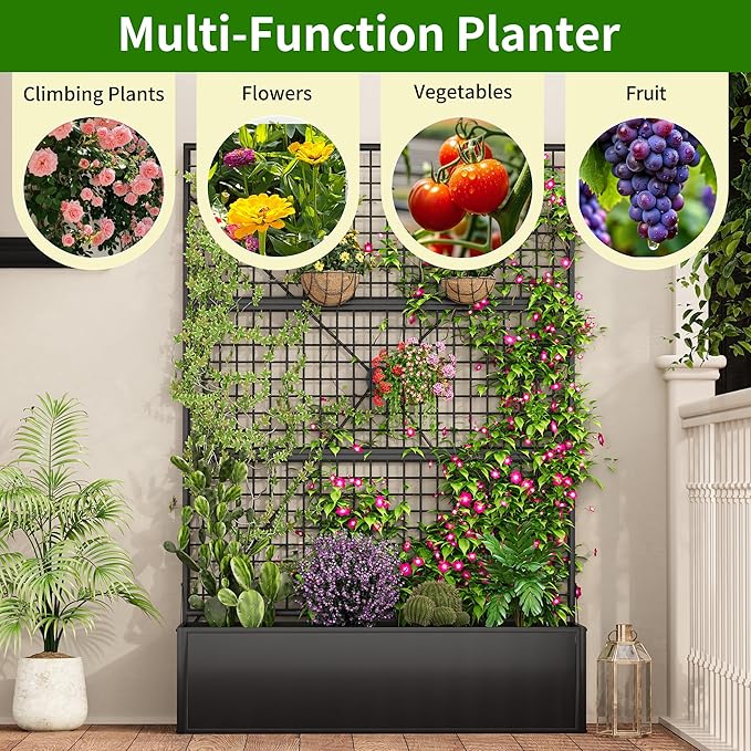 Privacy Planters for Patio – Metal Raised Garden Bed with Trellis and Privacy Screen, 71"×47.2"×16" Planter Box with Drainage Holes for Climbing Plants, Vegetables, and Vines, Outdoor Backyard Black