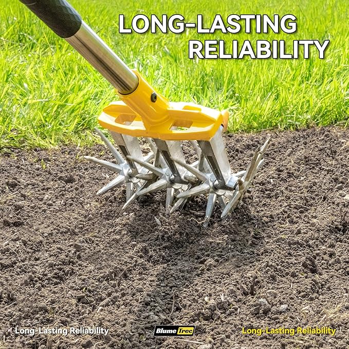 Rotary Cultivator Garden Tool with Extra-Large Tines, 74-Inch Long Handle Manual Tiller Cultivator, Heavy-Duty Rotary Hand Tiller for Soil Mixing, Reseeding Grass, Gardening, Lawn Care