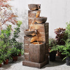 38.2" Tall Water Fountain Outdoor Garden,4 Tiers Modern Cascading Bowls and Stacked Stones Indoor Fountains with LED Lights for Patio, Deck, Porch, Backyard and Home Art Decor(Reddish-Brown