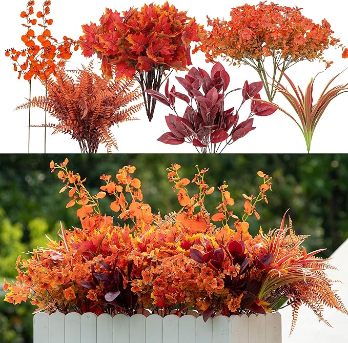17 Bundles Artificial Fall Flowers for Outdoor Faux Fall Orchid Mums Flowers for Outside Garden Yard Window Thanksgiving Autumn Decor Fall Decorations for Home