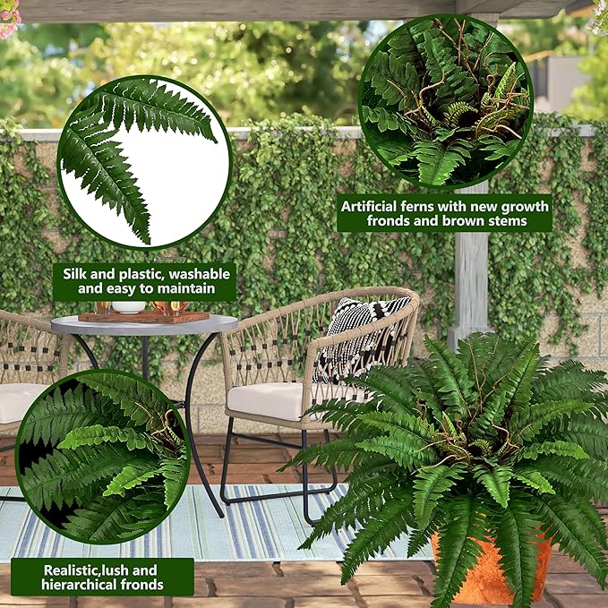 36In Artificial Boston Ferns Bush, Set of 2 Large Faux Ferns Plants, 39 Branches Fake Ferns Vines for Home Living Room Decor, Indoor and Outdoor