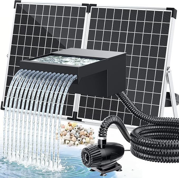 POPOSOAP 55W Solar Pond Waterfall Spillway with Fountain Pump, 304 Stainless Steel & Filtration System Pond Waterfall, 9.8FT Tubing for Koi Ponds, Garden Fountains & Landscape Water Features-P5552S