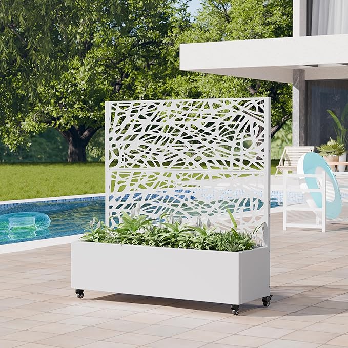 Casaphoria Metal Raised Garden Bed with Trellis and Wheels, 47"x47"x16" Planter Box for Climbing Plants, Vegetables & Vines, Features Drainage Holes and Privacy Screen, White-Net