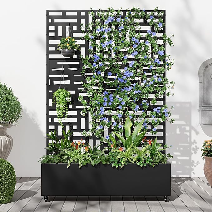 Casaphoria Metal Raised Garden Bed with Trellis and Wheels, 72"x47"x16" Planter Box for Climbing Plants, Vegetables & Vines, Features Drainage Holes and Privacy Screen, Black(Helen&Gerald)