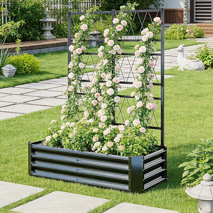 Galvanized Raised Garden Bed with Trellis for Climbing Plants Outdoor,Metal Vertical Garden Planter Box for Patio,Heavy Duty Elevated Garden Bed for Vegetables Tomatoes Cucumbers Flowers Herbs,Black