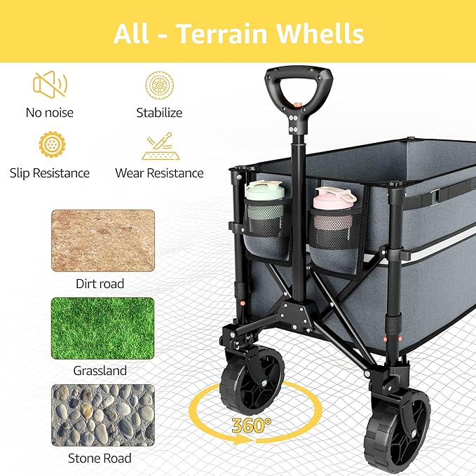 ROSONG Collapsible Wagon Cart with Wheels Foldable - Folding Utility Heavy Duty Wagons Carts for Grocery Sports Garden Shopping Camping Grey