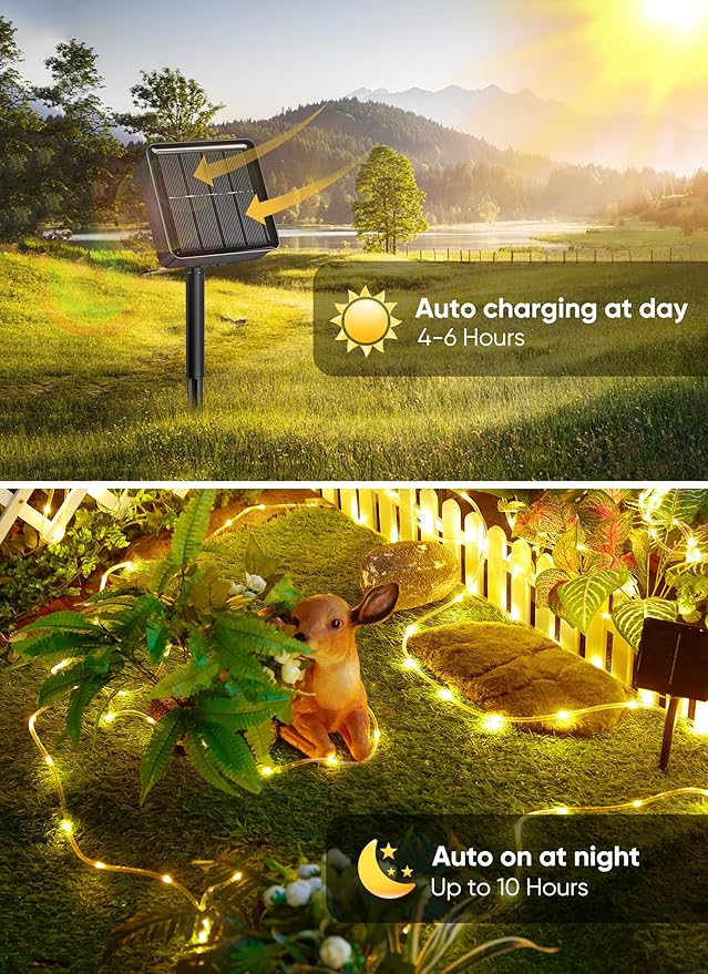 Brightown Solar Rope Lights, 39FT 100LED Outdoor Solar String Lights, IP65 Waterproof Solar Powered Fairy Lights with 8 Lighting Modes for Party Garden Patio Pool Backyard Tree Decoration, Warm White
