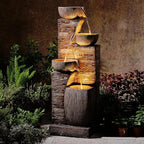 38.2" Tall Water Fountain Outdoor Garden,4 Tiers Modern Cascading Bowls and Stacked Stones Indoor Fountains with LED Lights for Patio, Deck, Porch, Backyard and Home Art Decor(Reddish-Brown